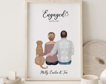 Custom Engagement Portrait Gift | Personalized Wall Art for Couple with Pet | Unique Illustration with range of Hair, Skin Tone, Clothing