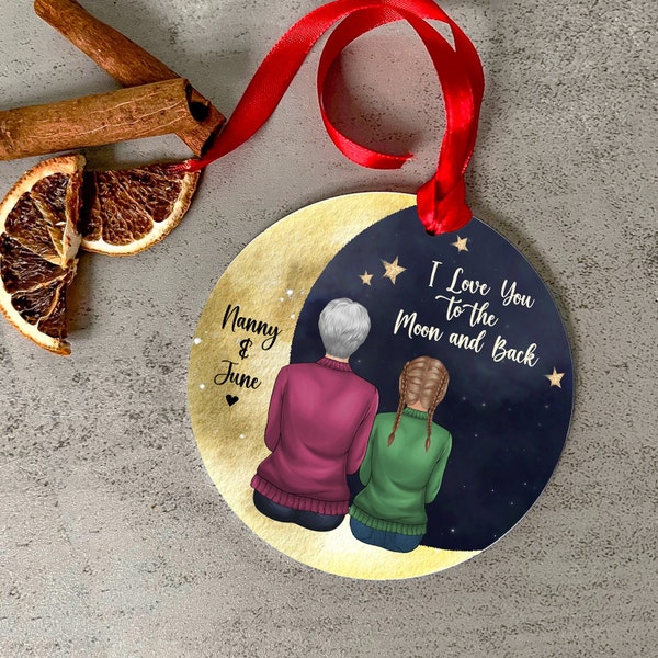 Cadeau de Noël pour grand-mère, nounou et petit-enfant, ornement de Noël, décoration de Noël, je t'aime jusqu'à la lune et au dos, boule acrylique