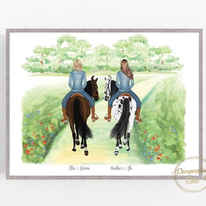 Gepersonaliseerde cadeau 2 paarden en eigenaren, paardrijden, ruiter, portret paard, verjaardag, kerstcadeau voor dochter, vriend en kleindochter