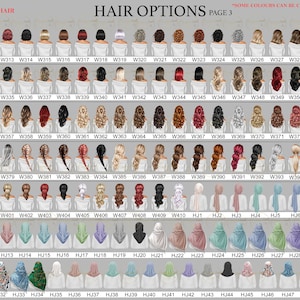 May include: A chart of hair options for a digital avatar. The chart includes 48 different hairstyles, with codes for each style. The text at the top of the chart reads "Hair Options Page 3" and "Some colours can be changed - please ask."
