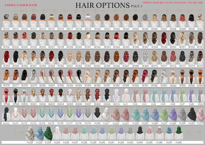 May include: A chart of hair options for a digital avatar. The chart includes 48 different hairstyles, with codes for each style. The text at the top of the chart reads "Hair Options Page 3" and "Some colours can be changed - please ask."