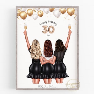 30e verjaardag cadeau beste vrienden, 3 vrienden, besties, BFF, beste vrienden illustratie, gepersonaliseerd cadeau, 3 vrienden, zussen