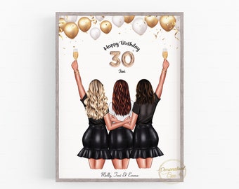 30th Birthday Best friends gift, 3 Friends, Besties, BFF, Best friends illustration, Personalised Gift,3 Friends, Sisters