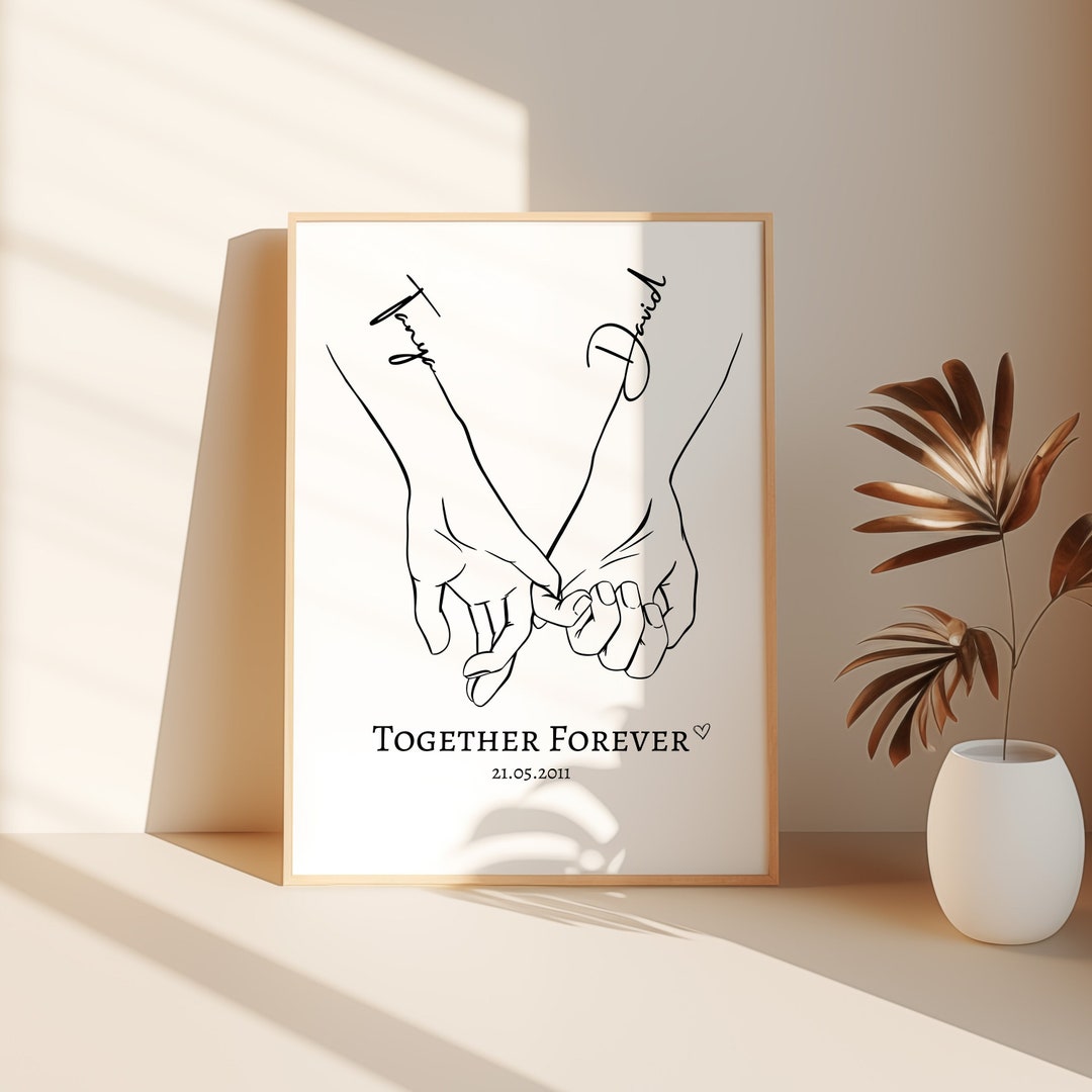 Anniversary Gift, Two Hands Line Drawing With Custom Names Print, Paper ...
