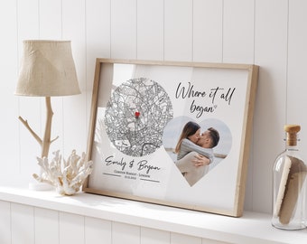 Personalised Anniversary Gift for Couples Photo Gift, Where it all began, Personalised Map Print, Gift for Husband Wife Boyfriend Girlfriend
