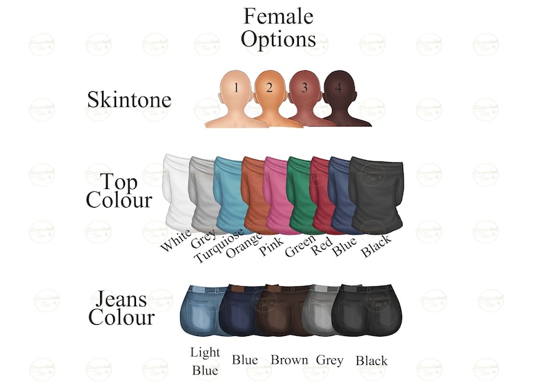 May include: A chart with different skin tones, top colors, and jean colors. The chart is labeled "Female Options". The skin tones are labeled 1 through 4. The top colors are white, grey, turquoise, orange, pink, green, red, blue, and black. The jean colors are light blue, blue, brown, grey, and black.