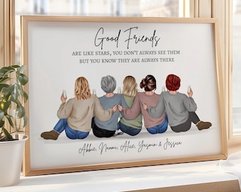 Peut inclure: Impression encadrée avec le texte "Good Friends" et une citation sur l'amitié. L'illustration représente cinq personnages se tenant les bras, tenant des boissons. Les noms sont énumérés en dessous.