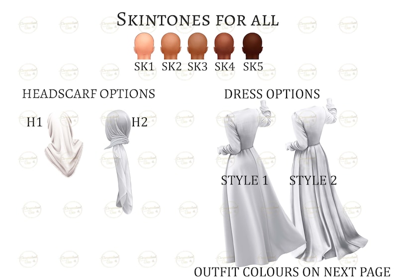 May include: A chart showing different skin tones, headscarf styles, and dress styles. The text reads "Skin tones for all", "Headscarf options", "Dress options", "Style 1", "Style 2", and "Outfit colours on next page".