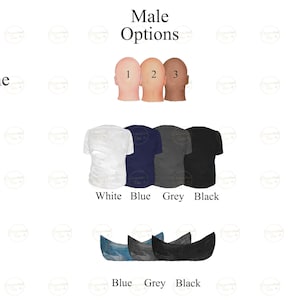 May include: A chart showing different options for customizing a male avatar. The options include three skin tones, four top colors (white, blue, grey, black), and three jeans colors (blue, grey, black).