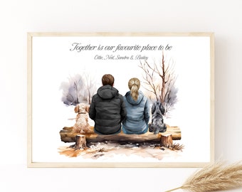 May include: A watercolor illustration of a couple and two dogs sitting on a wooden bench in a forest setting. The text "Together is our favourite place to be" is written above the couple, and the names "Ollie, Neil, Sandra & Bailey" are written below.