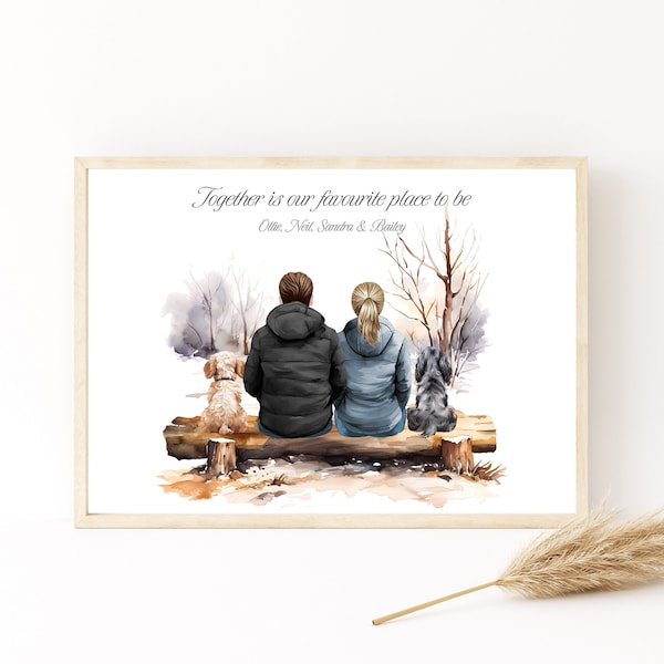 Personalised Couple with Pet Portrait, Family Pet Print, Couples Gift, Watercolour Art, Anniversary Gift, Gift for Husband, Gift for Wife