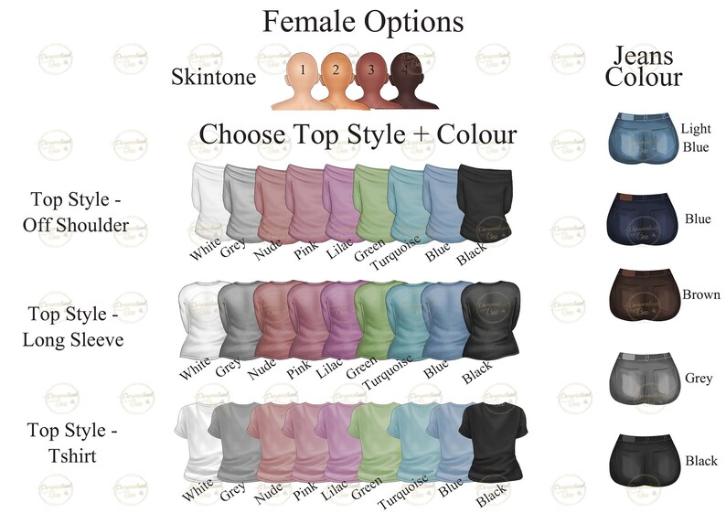 May include: A digital illustration of a customizable female avatar with options for skin tone, top style, top color, and jeans color. The top styles include off-the-shoulder, long sleeve, and t-shirt. The top colors include white, grey, nude, pink, lilac, green, turquoise, blue, and black. The jeans colors include light blue, blue, brown, grey, and black.