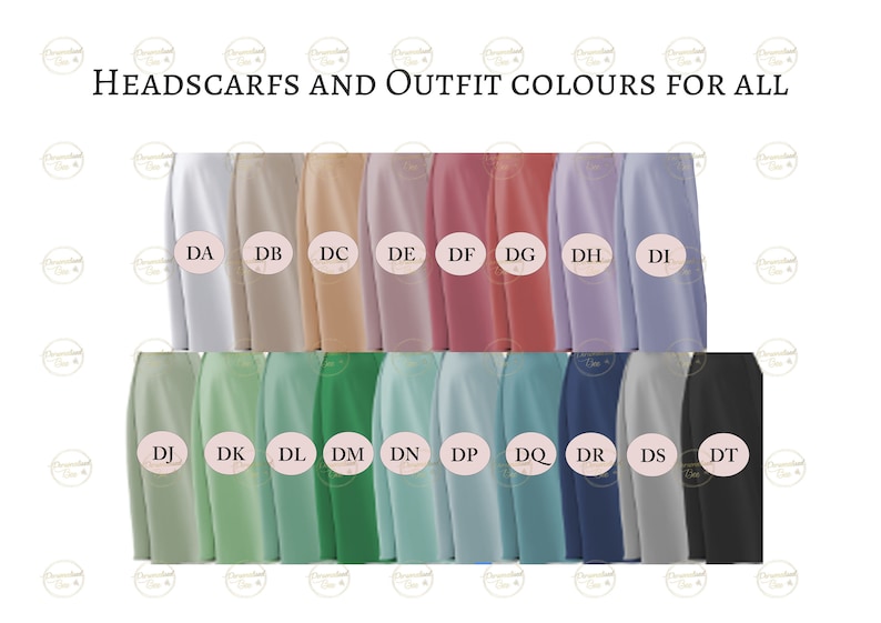 May include: A color chart showing 16 different fabric swatches. The swatches are arranged in two rows of eight. The swatches are labeled with letters from DA to DT.  HEADSCARFS AND OUTFIT COLOURS FOR ALL.