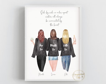 Personalised Gift 3 Sisters, Siblings, Big Sis Middle Sis Little Sis Family Keepsake,Portrait Print, Best friends Friendship