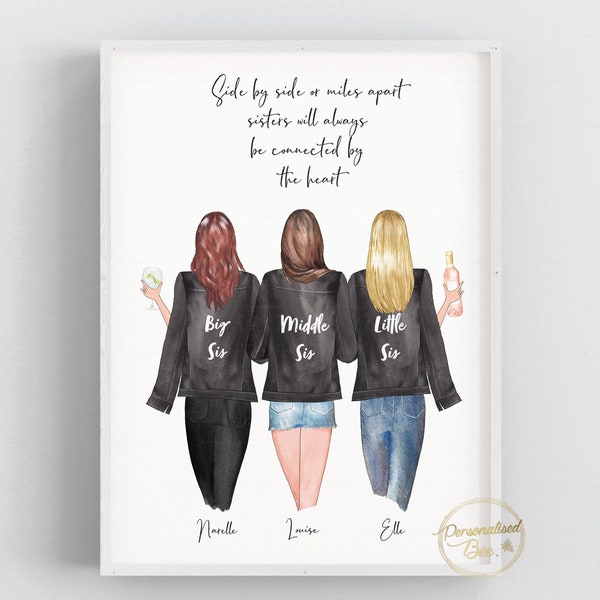 Personalised Gift 3 Sisters, Siblings, Big Sis Middle Sis Little Sis Family Keepsake,Portrait Print, Best friends Friendship