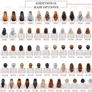May include: A chart of 54 different hair styles for digital illustrations. The hair styles are numbered W79 through W154. The text "ADDITIONAL HAIR OPTIONS" is at the top of the chart. The text "SOME COLOURS CAN BE CHANGED - PLEASE ASK" is at the top right of the chart.
