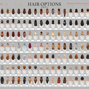 May include: A chart of 155 different hair styles for a customizable avatar. The hair styles are numbered with codes from W1 to W155. The text "Some colours can be changed - please ask" is at the top of the chart. The text "Hair Options Page 1" is at the top of the chart.