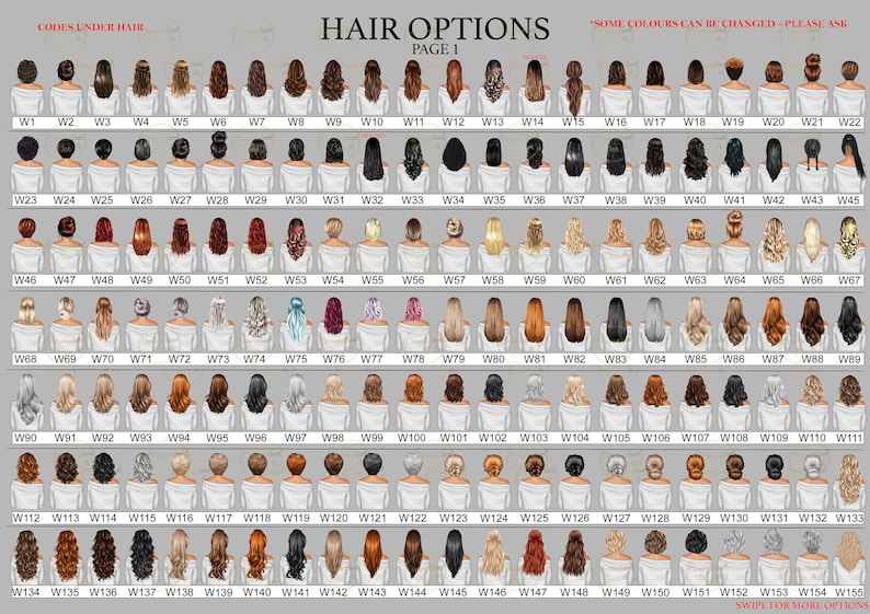 May include: A chart of 155 different hair styles for a customizable avatar. The hair styles are numbered with codes from W1 to W155. The text "Some colours can be changed - please ask" is at the top of the chart. The text "Hair Options Page 1" is at the top of the chart.