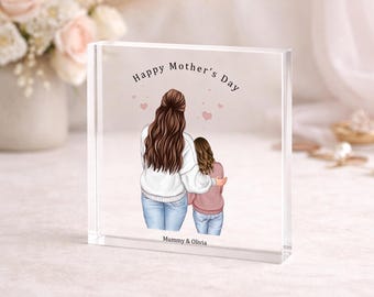 Mother’s Day Acrylic Block Gift for Mum | Personalised Mum and Child Keepsake | Custom Illustration Plaque