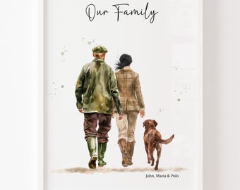 Könnte beinhalten: Ein Aquarellbild einer Familie, die mit ihrem Hund spazieren geht. Die Familie besteht aus einem Mann und einer Frau, beide tragen Freizeitkleidung. Der Hund ist ein brauner Labrador Retriever. Das Bild trägt den Titel "Unsere Familie" und enthält die Namen "John, Maria & Polo".