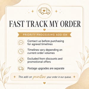 May include: A rectangular sign with a cream background and gold border featuring the text FAST TRACK MY ORDER and PRIORITY PROCESSING ADD-ON. It lists four bullet points regarding order timelines, exclusions, and postage, with a final note.