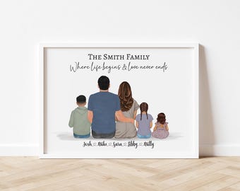 May include: A framed print featuring a family of five, viewed from the back. The artwork includes the text "THE SMITH FAMILY" and "Where life begins & love never ends." Names are listed below the figures. The frame is white.