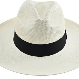 Original Panama Hat - Classic Wide Brim Fedora - White Toquilla Straw - Black Band - Handmade in Ecuador by Ecua-Andino