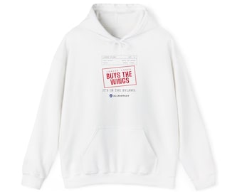 Puede incluir: Una sudadera con capucha blanca que presenta un estampado gráfico en el pecho. El diseño se asemeja a un documento con el texto "LEAGUE LOSER BUYS THE WINGS" en rojo, "IT'S IN THE BYLAWS." en negro y el logo "ALLFANTASY" abajo.
