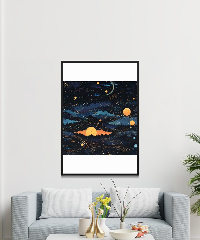 Celestial Night Sky Digital Wallpaper, Starry Moon Landscape, Aesthetic