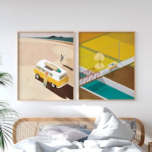 May include: Two framed art prints depicting a beach scene with a yellow van and a surfer, and a landscape with a bridge and a car. The prints are displayed above a bed with a rattan headboard and a bench.