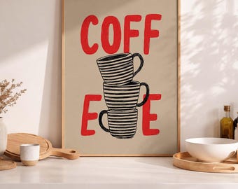 Arte de pared de café Decoración de pared de cocina Regalo para amantes del café Arte de cocina retro Decoración de carrito de bar Arte estilo restaurante Arte de rincón de desayuno Impresión de taza de café