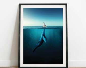 Blue Whale & Sailboat Art Print, Ocean Wall Art (Digital Download)