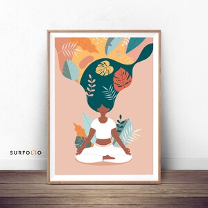 Abstracte yogakunstdruk | Mediterende vrouw, tropische bladeren (digitale download)