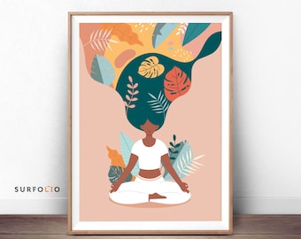 May include: A digital illustration of a person meditating with their hair flowing out like leaves. The background is a peach color with green, blue, and orange leaves.