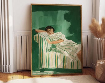Ilustración de una mujer en un sofá color verde esmeralda, arte mural con sofá a rayas (descarga digital)