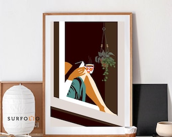 Woman Reading Art Print, Coffee, Relaxing, Girl and Book Poster (Digital Download)