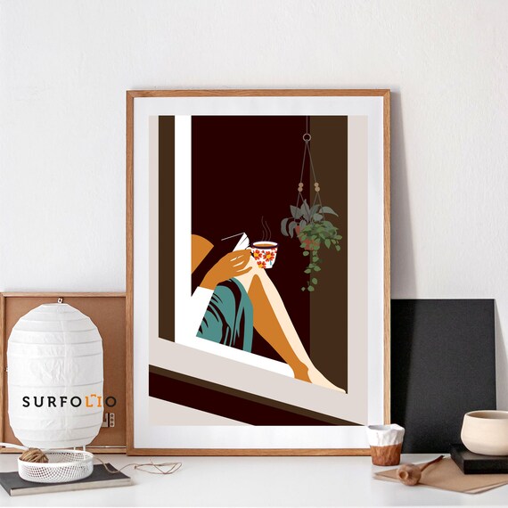 Woman Reading Art Print, Coffee, Relaxing, Girl and Book Poster (Digital Download)