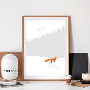 Fox Minimal Print, Abstract Fox Art, Snow Forest Print, Snow Fox Print, Fox Snow Poster, Winter Fox Print, Minimal Forest Print