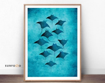 Manta Rays Print Manta Wall Art Manta Stingray Art Stingray Poster Stingray Sea Ocean Under Sea Ray Spotted Eagle Ray Group Stingray