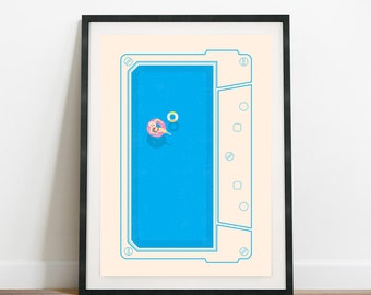 Music Pool Print Aerial Pool Print Minimalist Pool Pool Illustration Cassette Music Art Cassette Drawing Women in Pool Women Swim Art