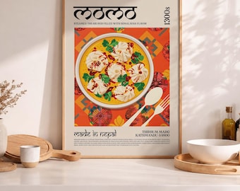 Estampado de Momo de Nepal Arte culinario nepalí Arte mural de Momo Decoración de cocina nepalí Arte mural de Dumpling Decoración del Himalaya Arte de Katmandú Póster de comida de Nepal