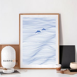Sea Line Art, Ocean Line Art, Waves Line Art, Waves Minimal Print, Dolphin Minimal Art, Dolphin Line Art, Blue Waves Line Art