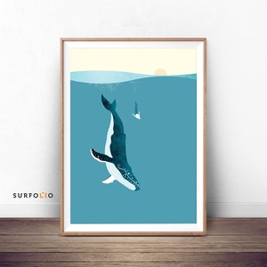 Wal-Druck Poster Blauwal Art Wal-Wand-Kunst Wal Illustration Buckelwal Taucher und Wal schwimmt mit Wal Wal Tiefsee