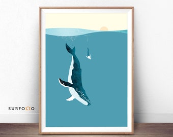 Whale Print Poster Blue Whale Art Whale Wall Art Whale illustration Humpback Whale Diver and Whale Swim with Whale Whale Deep Ocean