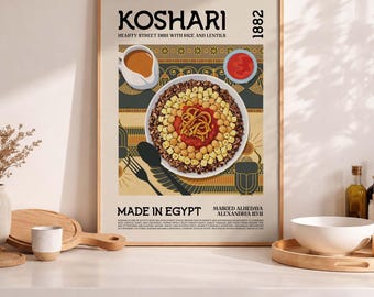 Lámina artística Koshari: Póster de comida callejera egipcia, decoración de pared para cocina (descarga digital)