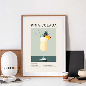 Plakat Pina Colada koktajl sztuka ścienna Wydruk Pina Colada klasyczne koktajle Dekoracja Pina Colada wydruki alkoholowe sztuka baru plakat koktajlowy bar