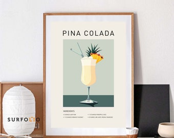Lámina decorativa con diseño de cóctel Piña Colada, ideal para decorar un carrito de bar clásico (descarga digital).