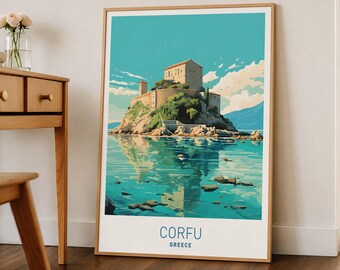 May include: A framed vertical art print featuring a stylized illustration of a stone fortress on a rocky island surrounded by turquoise water. The sky is light blue with white clouds. The text CORFU GREECE is printed in blue at the bottom.