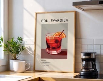 May include: A framed wall art print featuring a graphic illustration of a Boulevardier cocktail in a glass with an orange slice and a stirrer. The text reads BOULEVARDIER and lists ingredients including 1 1/2 ounces bourbon or rye, 1 ounce Campari, and 1 ounce sweet vermouth.