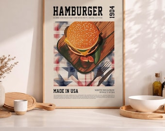 Lámina retro de hamburguesa, arte gastronómico de un restaurante estadounidense (descarga digital)